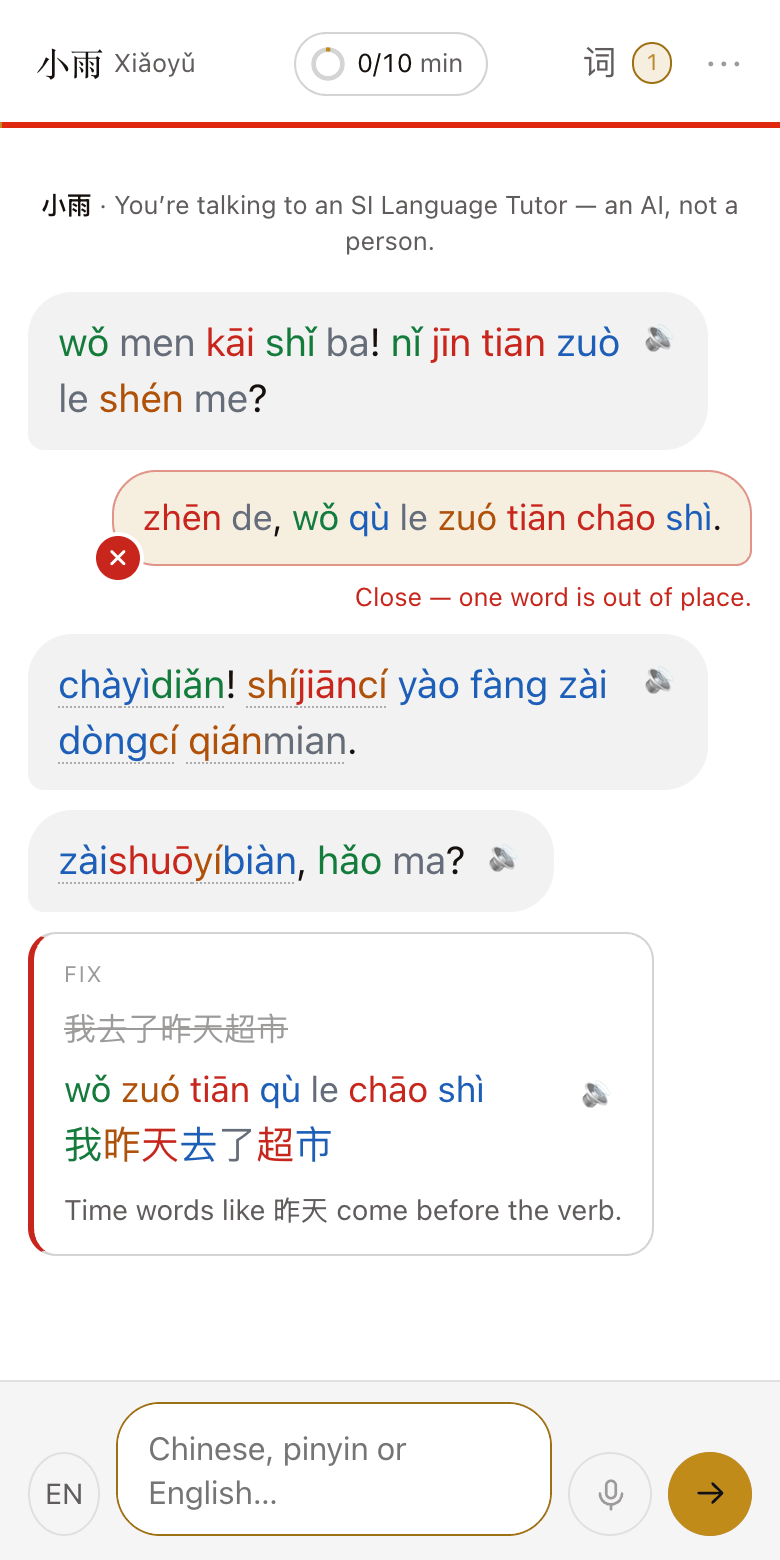 A lesson in Language Tutor: the learner put the time word in the wrong place, and the tutor answers with a card showing the corrected sentence.